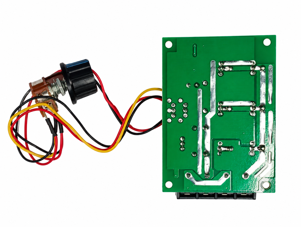 PWM 40A green DC motor speed controller with potentiometer, rear solder side