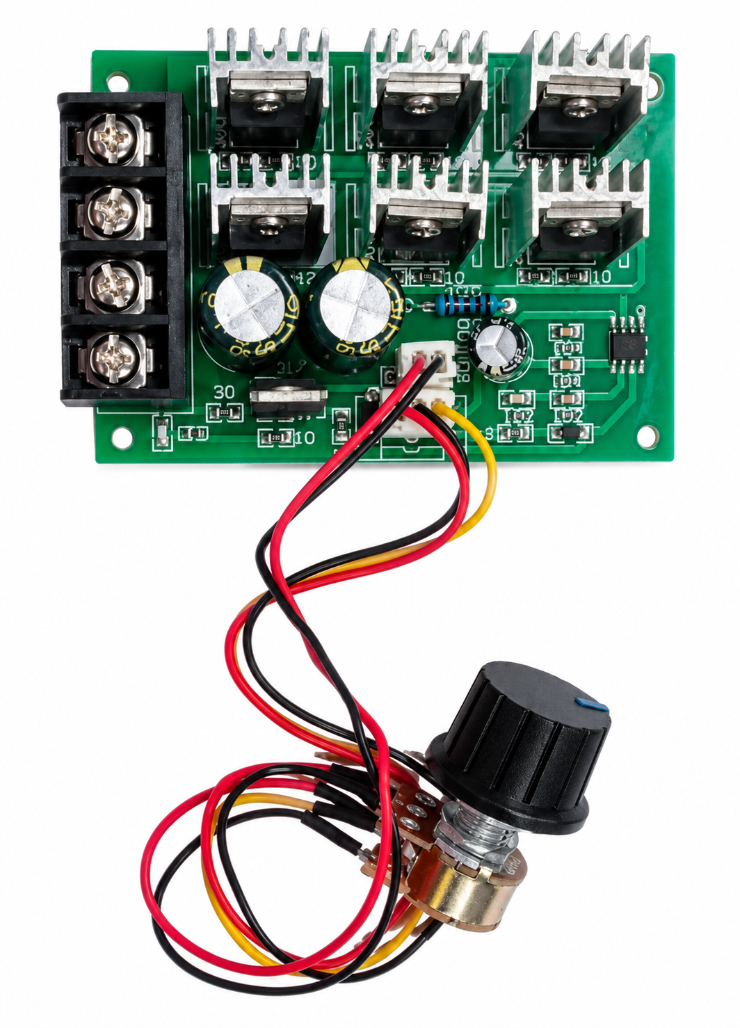 PWM 40A green DC motor speed controller with potentiometer, alternate front view