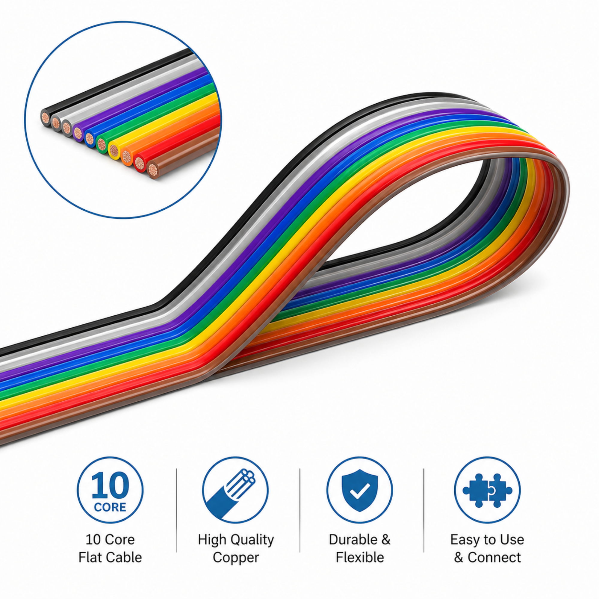 Rainbow 10 Core Flat Ribbon Wire Cable - 1 Meter (Multicolor)