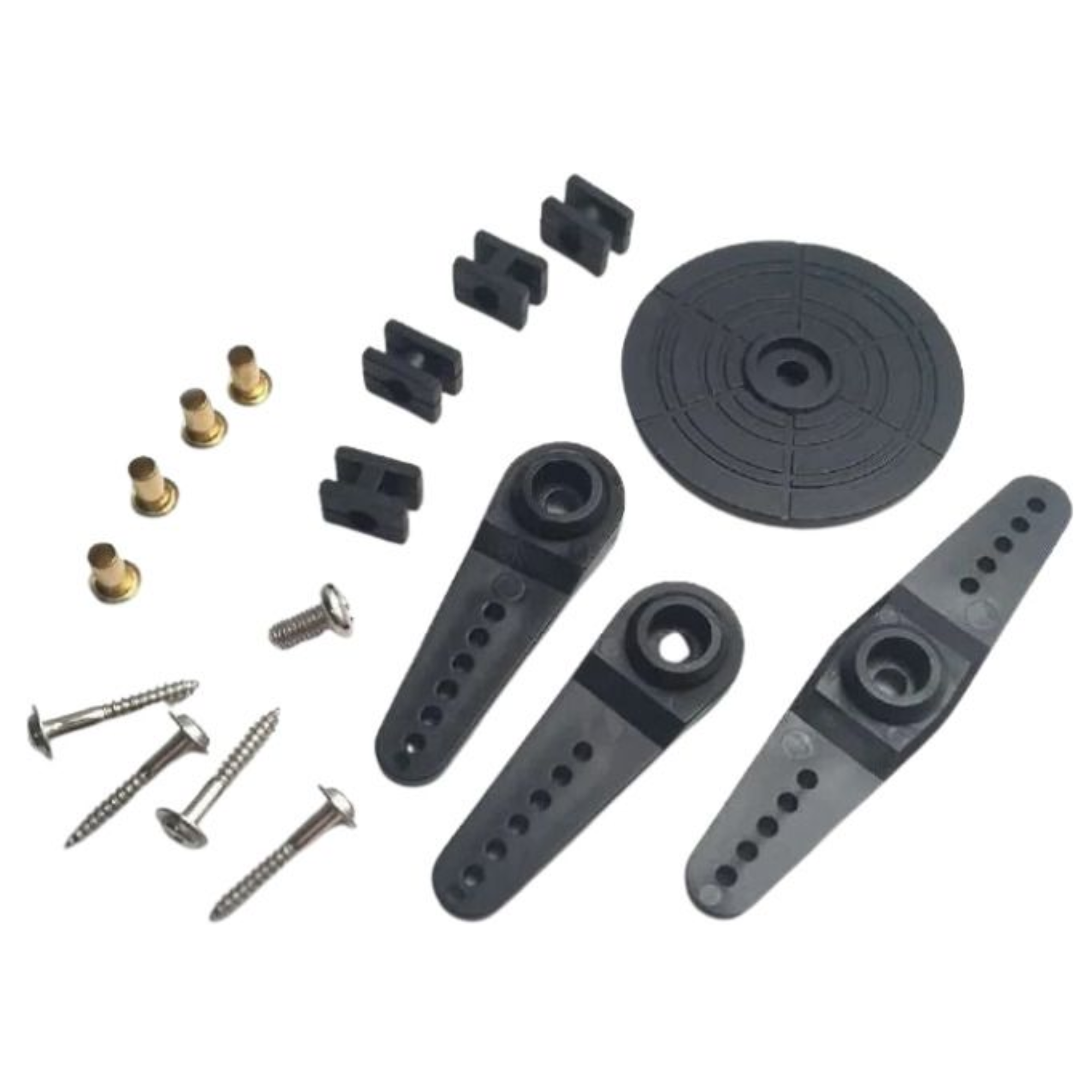 Servo Motor MG995 Set of mechanical components including gears, screws, and other parts on a white background