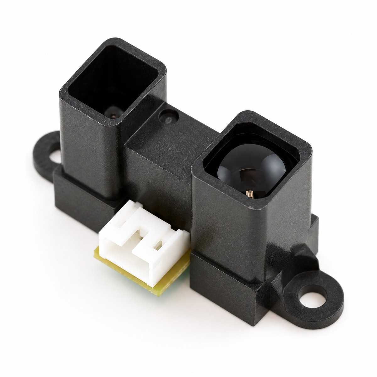 Sharp GP2Y0A02YK0F sensor — generated opposite angled close-up showing lens and mounting ears