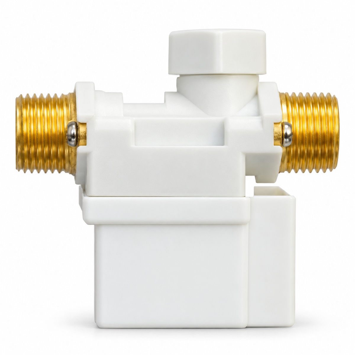 Front view of 12V solenoid valve with white housing and brass threaded ports