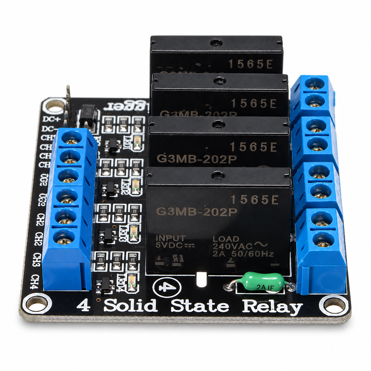 Side angle of the 5V four-channel SSR relay module