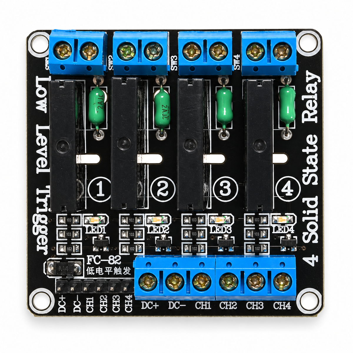 Top view of the 5V four-channel SSR relay module
