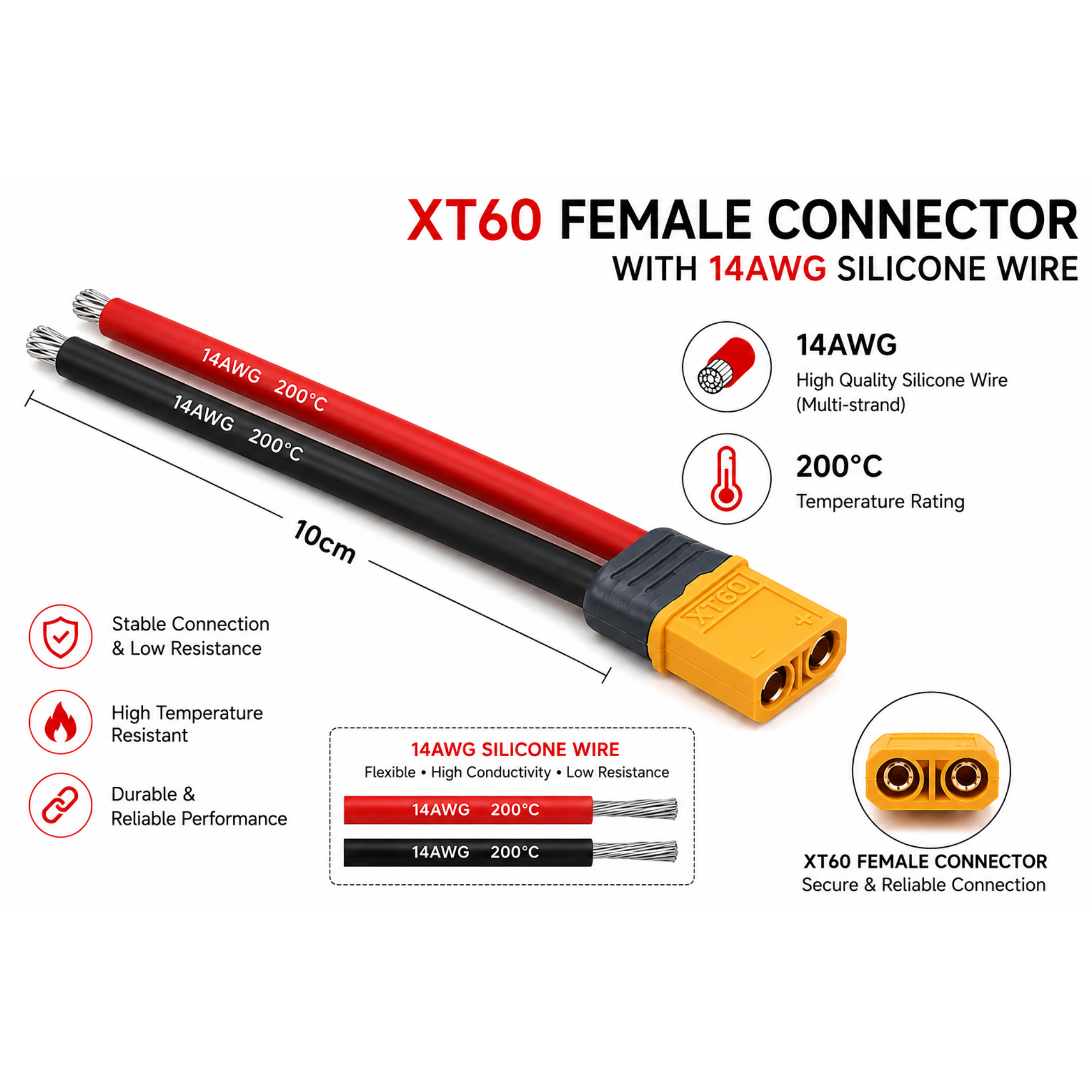 XT60 Female Connector with 14AWG Silicone Wire