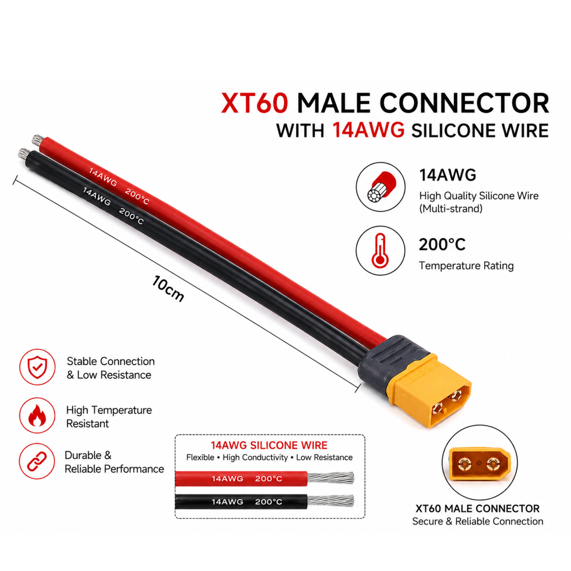 XT60 Male Connector with 14AWG Silicone Wire