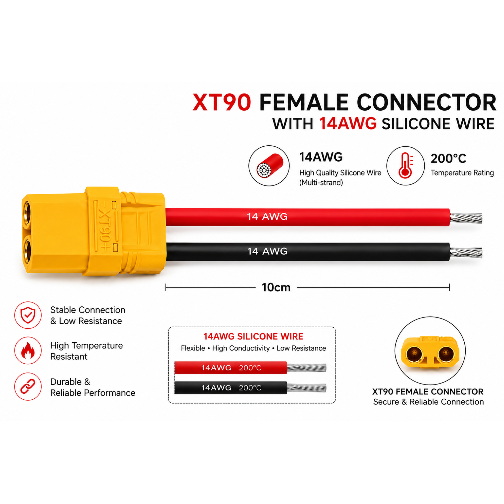 XT90 Female Connector with 14AWG Silicone Wire