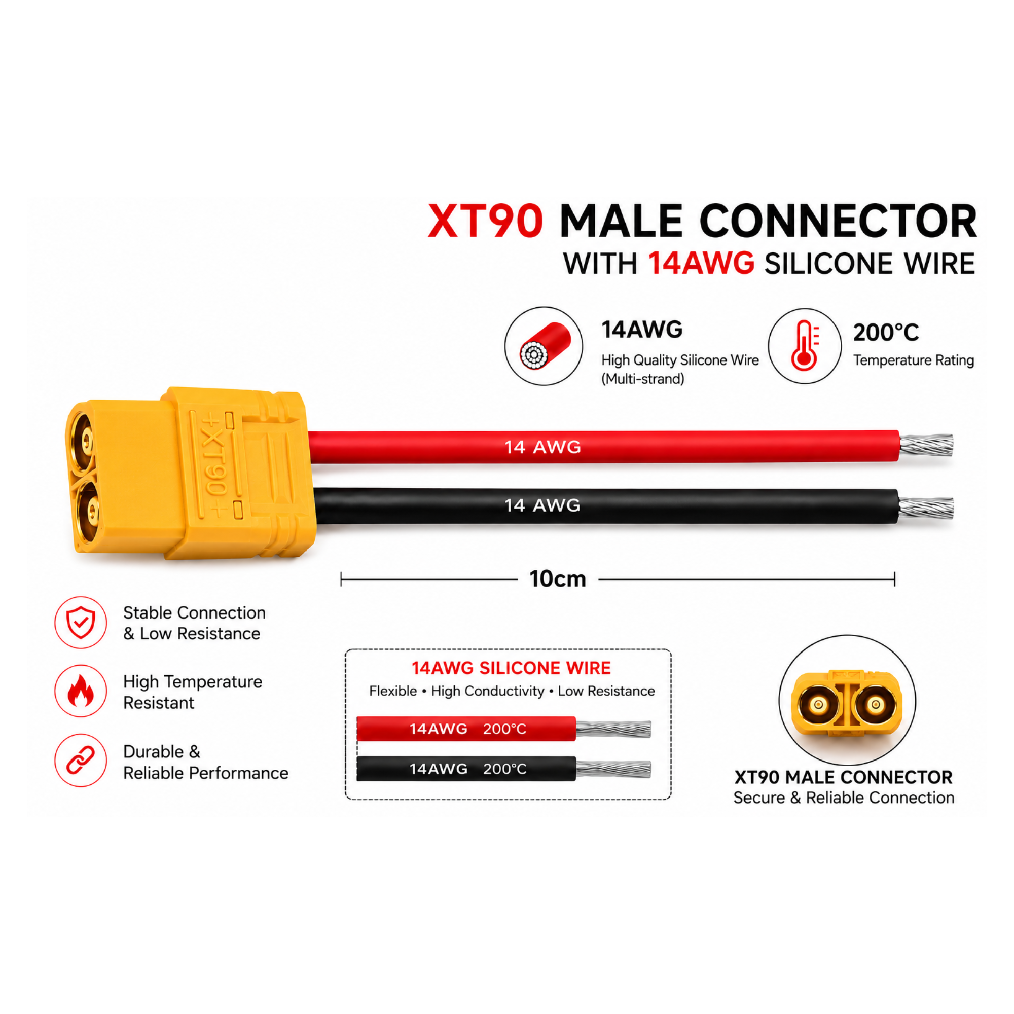 XT90 Male Connector with 14AWG High-Flex Silicone Wire